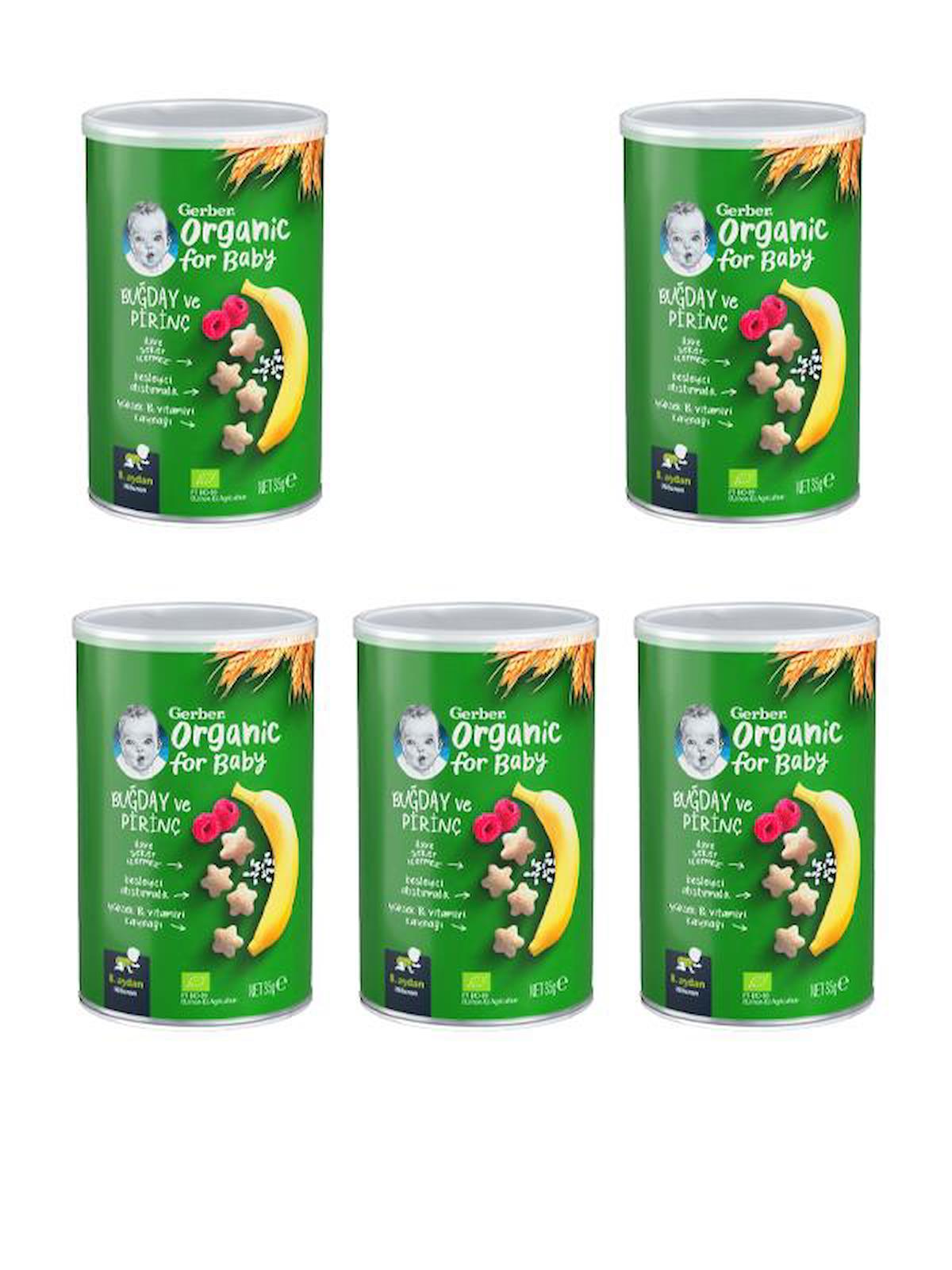 Gerber Organik Pirinçli, Buğdaylı, Muzlu ve Ahududulu  Bebek Atıştırmalığı 35 gr x 5 Adet